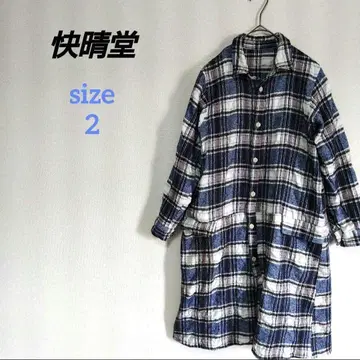 카세이도 셔츠 원피스 체크 울 코튼 린넨 롱 가디건 파랑