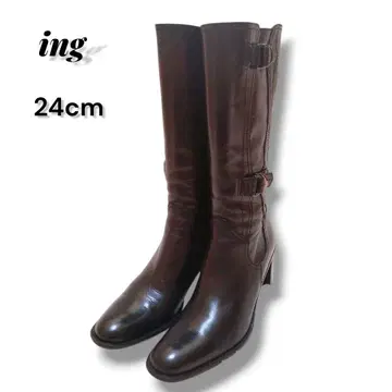 새상품급 ing 블랙 가죽 버클 달린 롱 부츠 24cm 천연 가죽