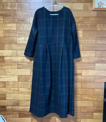 체크 무늬 롱 원피스 코튼 울 포켓 포함 핸드메이드