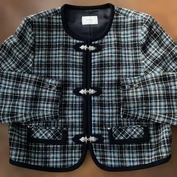 꽃 모멘 노카라 블랙 블루 옐로우 체크 자켓