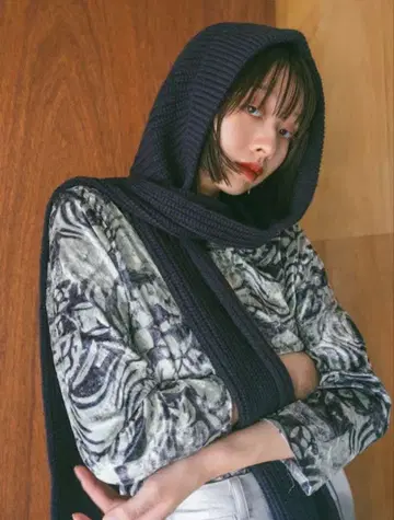 sahara 후드 니트 머플러 네이비 발라클라바