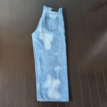 페인트 가공 라이트 블루 와이드 데님 팬츠