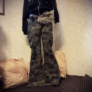 헤이세이 갸루 00s 카모플라쥬 플레어 카고 팬츠 Y2K 그런지