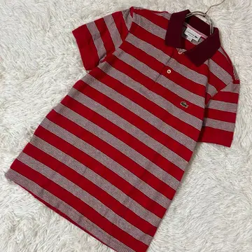 [ 미사용 ] LACOSTE 보더 무늬 피케 셔츠 레드 면
