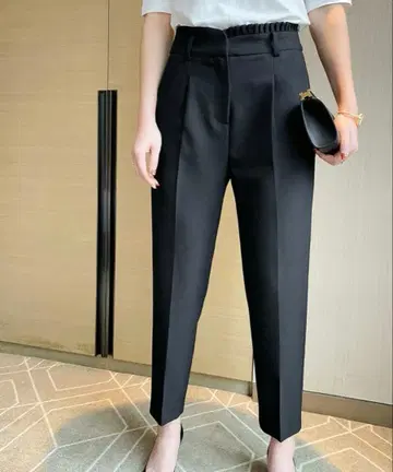 새상품급 비대칭 프릴 하이웨스트 테이퍼드 팬츠 블랙