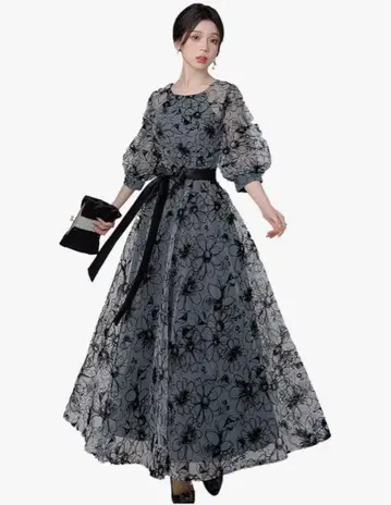 그레이 꽃무늬 드레스 새틴 리본 포함