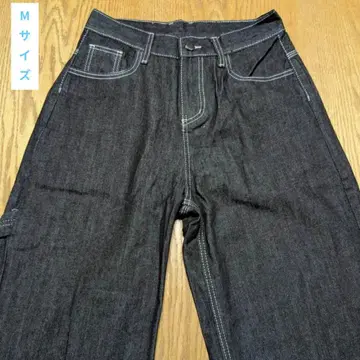 자수 포켓 부착 초와이드 배기 데님 팬츠 다크 인디고 코튼 M