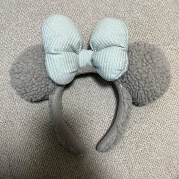 미키 귀 머리띠 그레이 스카이블루 리본