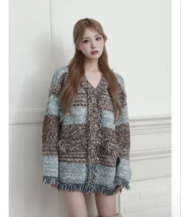 Darich 트위드 보더 니트 가디건 색스 블루