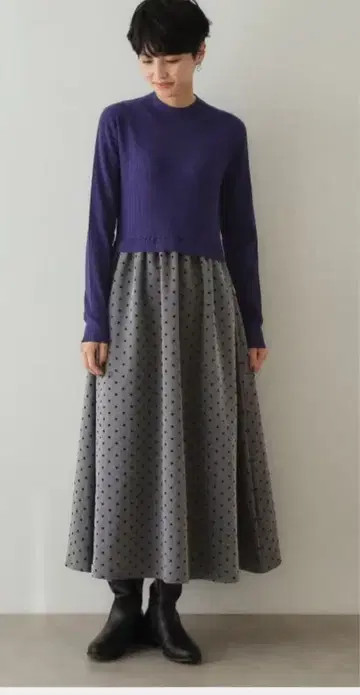 퍼플 니트 도트 무늬 플레어 스커트