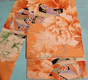 앤티크 나고야 오비 오렌지 실 감개 공 모양 꽃무늬