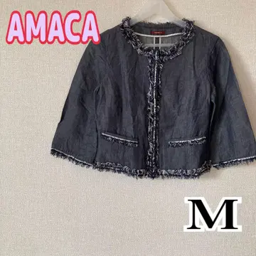 아마카 자켓 노카라 프린지 린넨 혼방 데님풍 네이비 M