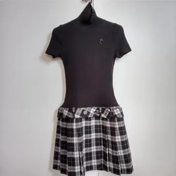 바비 절개 원피스 미니 체크 블랙 반팔