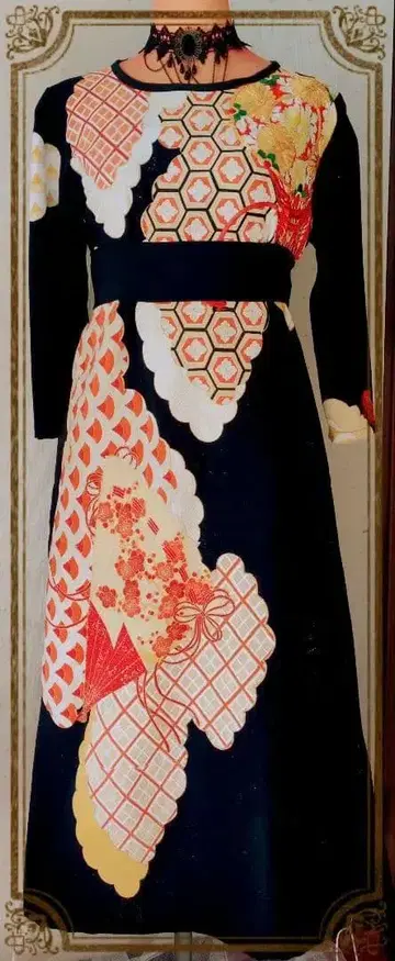 블랙 전통 예복 기모노 리메이크 일본풍 문양 드레스 끈 포함