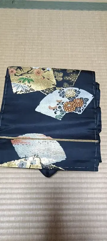 나고야 오비 블랙 부채와 꽃무늬 자수