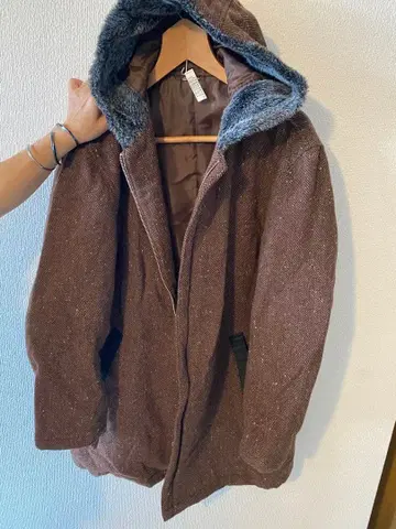 브라운 헤링본 더플 코트 L 사이즈 퍼 포함