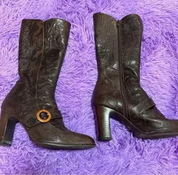 히미코 웨스턴 부츠 롱 부츠 가죽 꽃 자수풍 부츠 브라운 계열