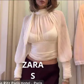 자라 플리츠 블라우스 리본 하이넥