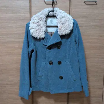퍼 옷깃 더블 브레스트 코트 M 사이즈 파랑
