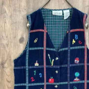 빈티지 베스트 개성있는 자수 와펜 격자 무늬 풀 버튼 체크 V1