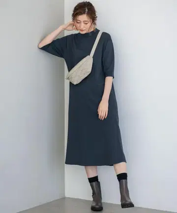 23구 비스코스 스트레치 퍼프 슬리브 니트 원피스 그레이쉬 블루