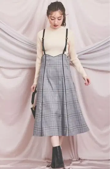 Noela 체크 무늬 롱 오버롤 스커트