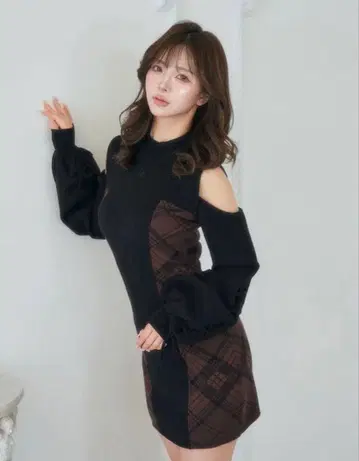 darich 사이드 체크 니트 미니 원피스