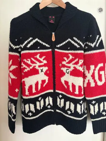 [ X-girl ] 루돌프 무늬 카우친 집업 니트 가디건