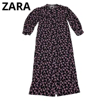ZARA 862 꽃무늬 원피스 XS 블랙 x 핑크 7부 소매 롱 기장
