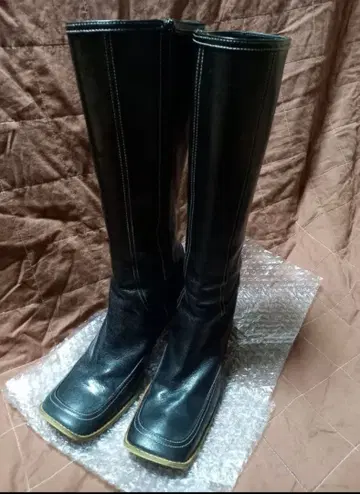 천연 가죽 롱 부츠 Fin 핀 블랙 24cm 와이드 힐