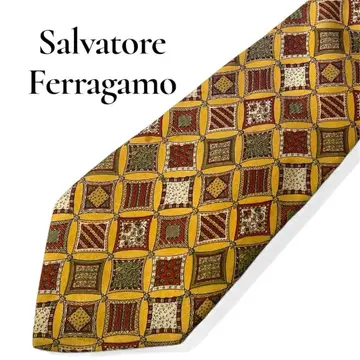 Ferragamo 페라가모 브랜드 넥타이 실크 100% 올 패턴 브라운