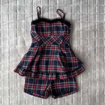 [택 포함 새상품] 체크 무늬 프릴 페플럼 팬츠 셋업