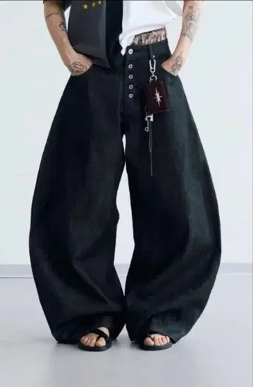 다크 데님 와이드 팬츠 프론트 버튼