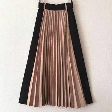 WRAPIKNOT 플리츠 롱 스커트 절개 베이지 블랙STUDIOUS