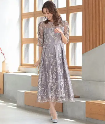 haremode 자수 레이스 백리본 드레스 실버 M