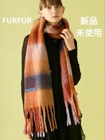 FURFUR (퍼퍼) 로고 자수 블록 체크 프린지 스톨 오렌지