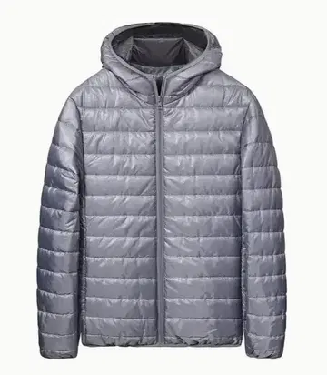 남성용 후드 부착 그레이 퀼팅 자켓 M 사이즈 슬림 타입