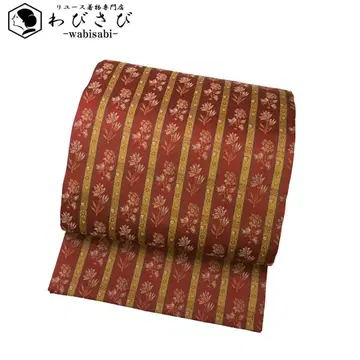 쿄후쿠로 오비 세로 줄무늬에 꽃무늬 새우 빨간색 O-5815