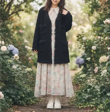 핑크하우스 INGEBORG 레이스 리본 복슬복슬 샤기 자켓