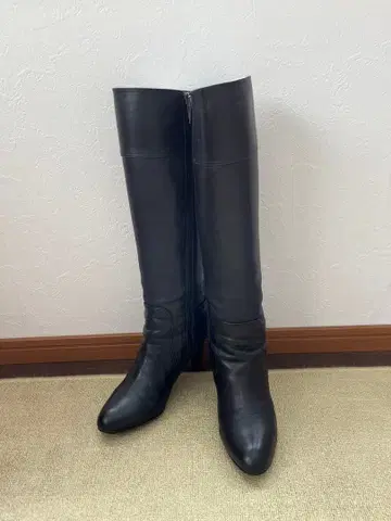 다이애나 블랙 레더 롱 부츠 중간 힐