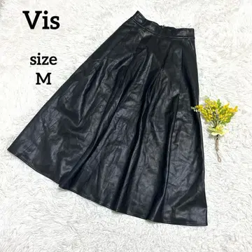 비스 플레어 스커트 롱 스커트 인조 가죽 블랙 허리밴딩