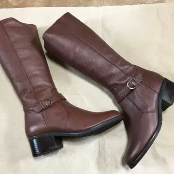 천연 가죽 롱 부츠 브라운