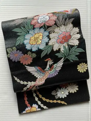 블랙 후쿠로 오비 육통 봉황과 꽃 포멀 후리소데 성인식