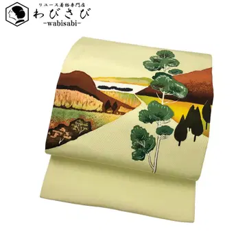 나고야 오비 시오제 손그림 풍경 무늬 유황색 O-5829