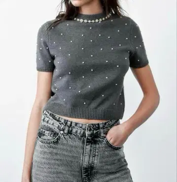 ZARA 큐빅 모조 진주 니트 스웨터 L