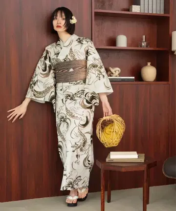 유카타 단품 니코앤티크 우타타네 미사용 드래곤 라이트 베이지 일본풍 패턴