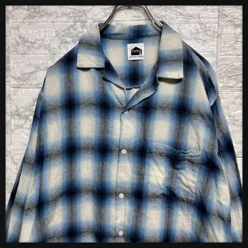 빈티지 오픈 카라 옴브레 체크 셔츠 코튼 100 파랑 화이트
