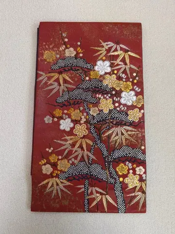 [ 새상품급 ] 후쿠로 오비 능화보 당직 주홍색 금실 송죽매 자수