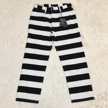 프리즈너 팬츠 보더 수용소 팬츠 데님 아메카지 화이트 블랙 XL