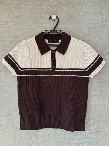 ZARA 리브 반팔 피케 셔츠 화이트/브라운